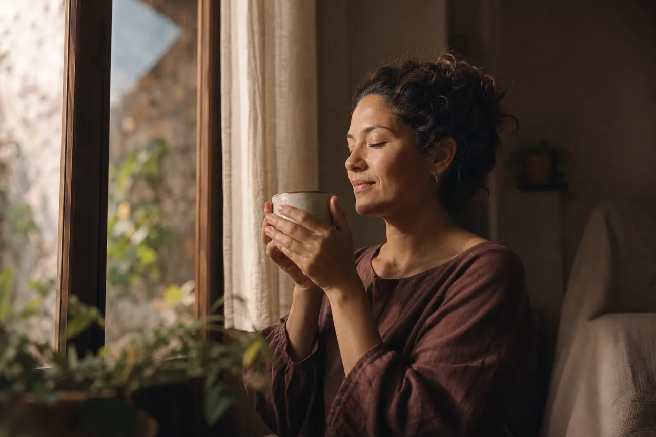 Una mujer con una taza entre las manos junto a una ventana, respirando con los ojos cerrados