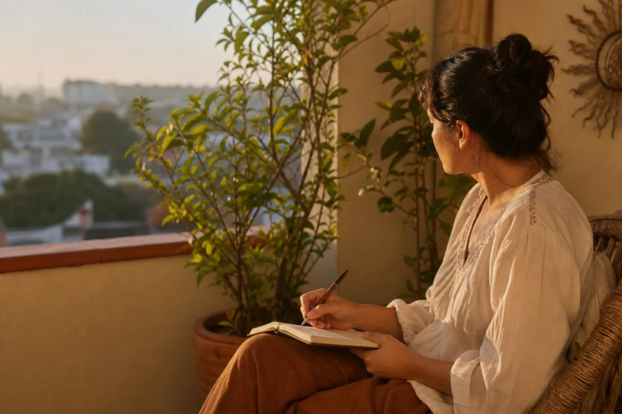 Una mujer escribe en una libreta en el balcón, entre plantas, al atardecer