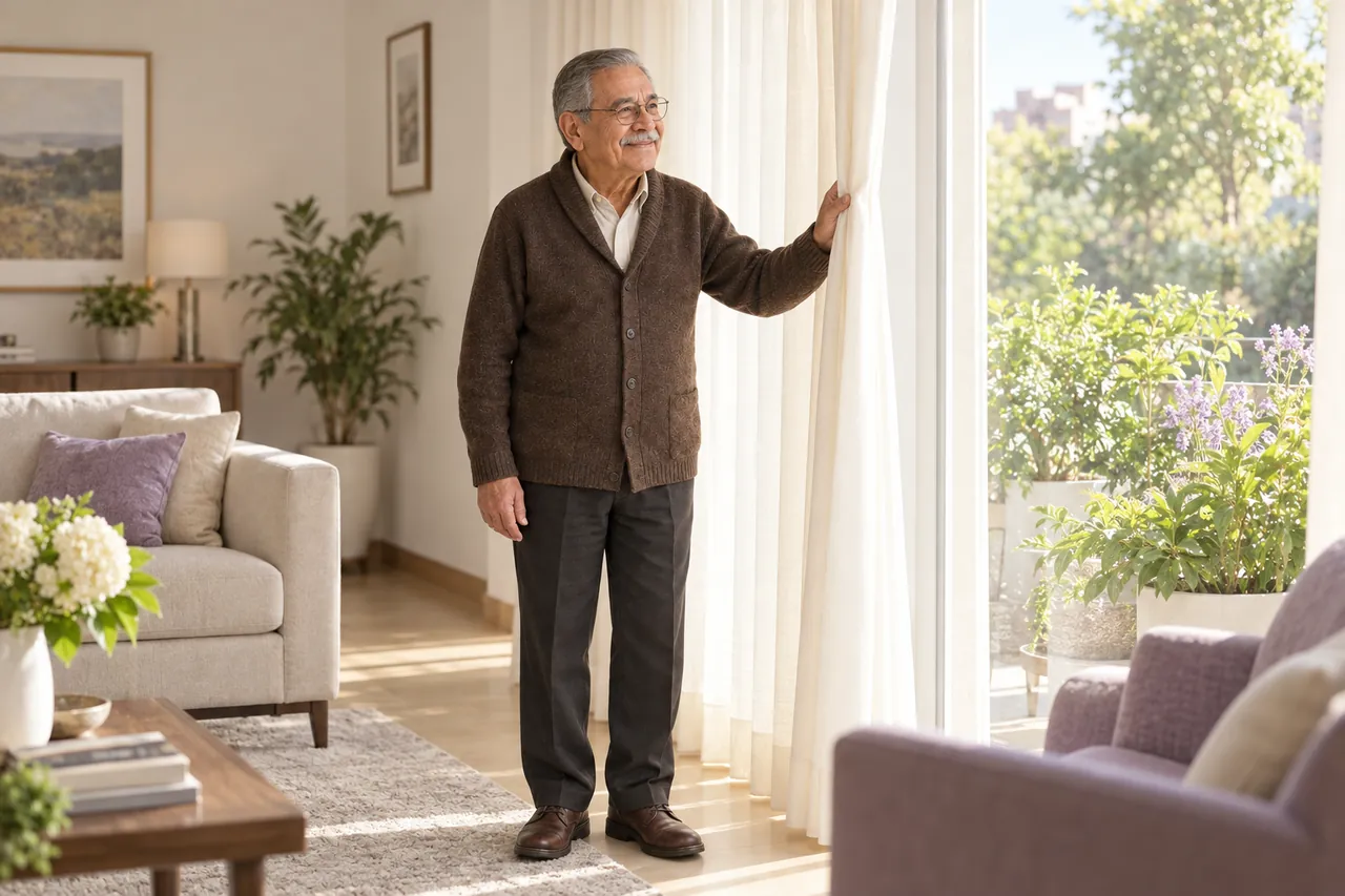 Un señor mayor abre la cortina y deja entrar la luz de la mañana