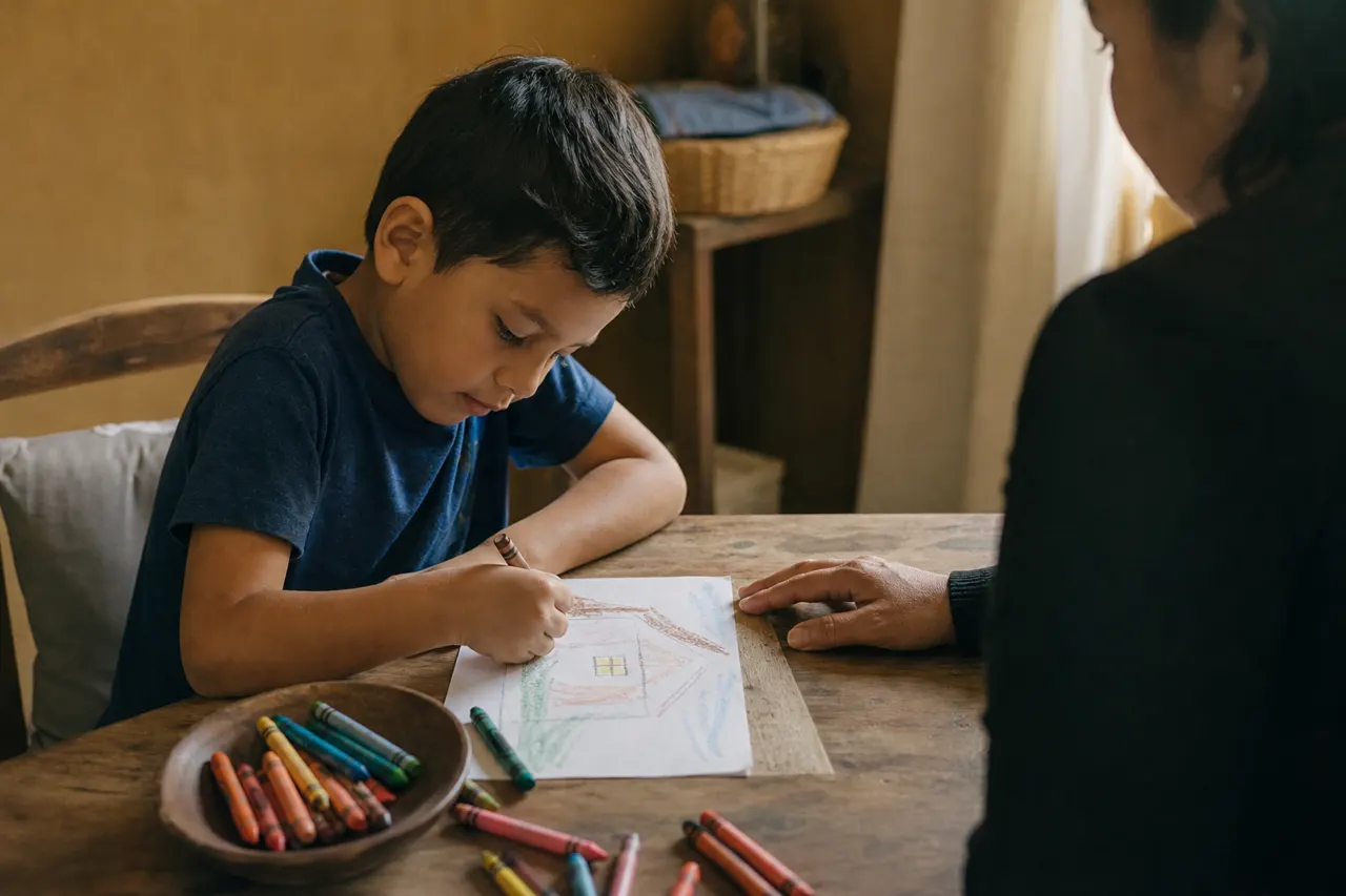 Un niño dibuja con crayones sobre una mesa mientras un adulto lo acompaña