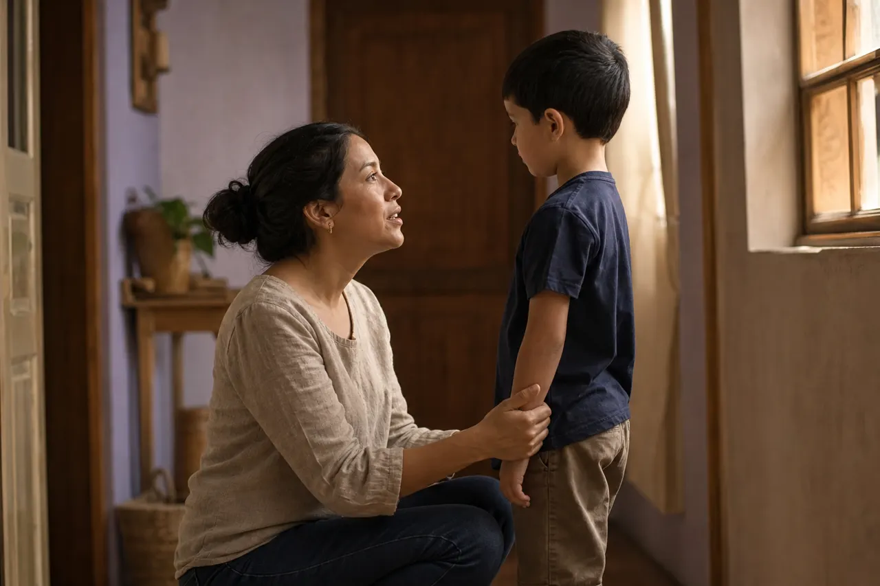 Una madre se agacha para hablar con su hijo a su altura, con calma