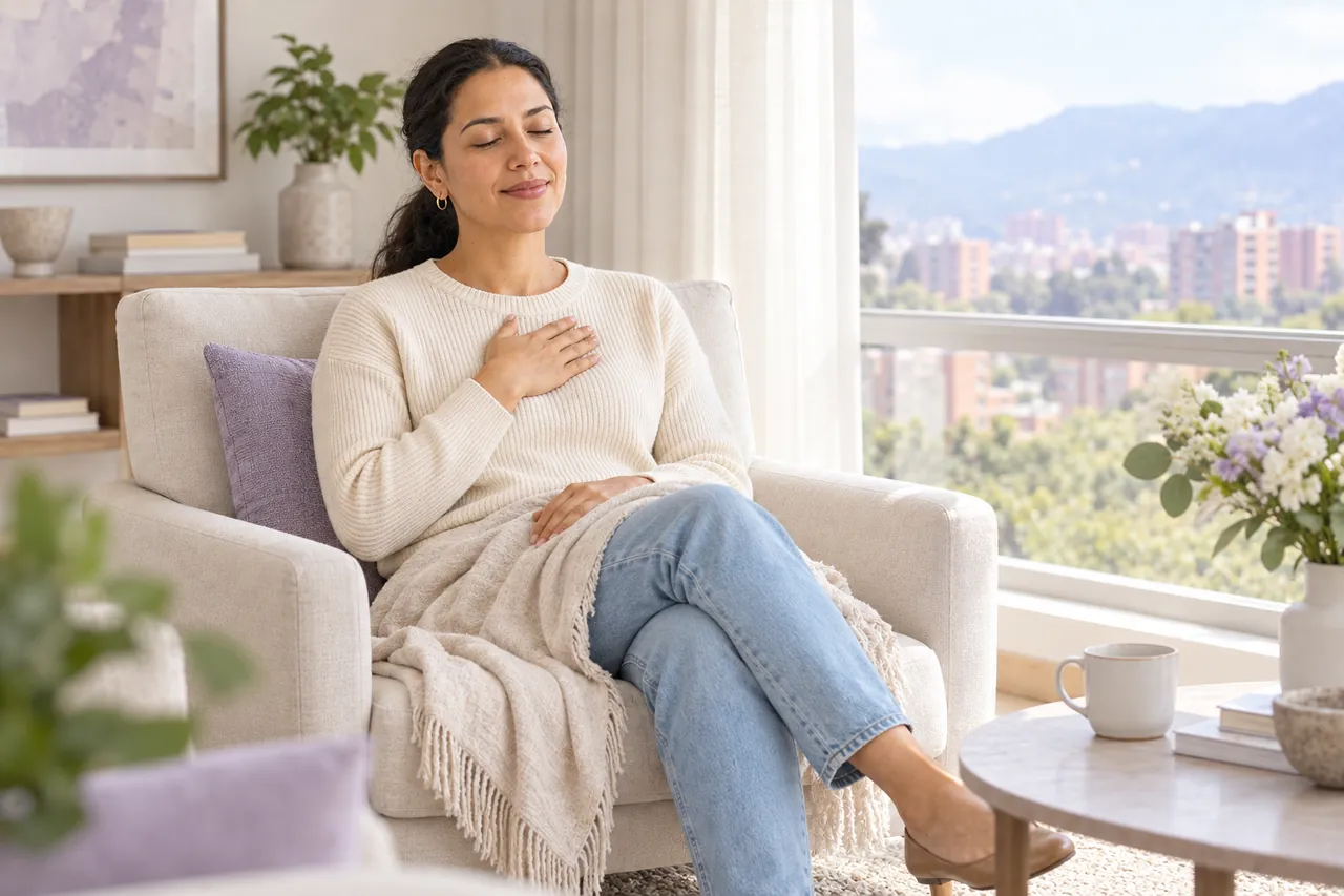 Una mujer respira despacio con los ojos cerrados y la mano en el pecho, en una sala luminosa